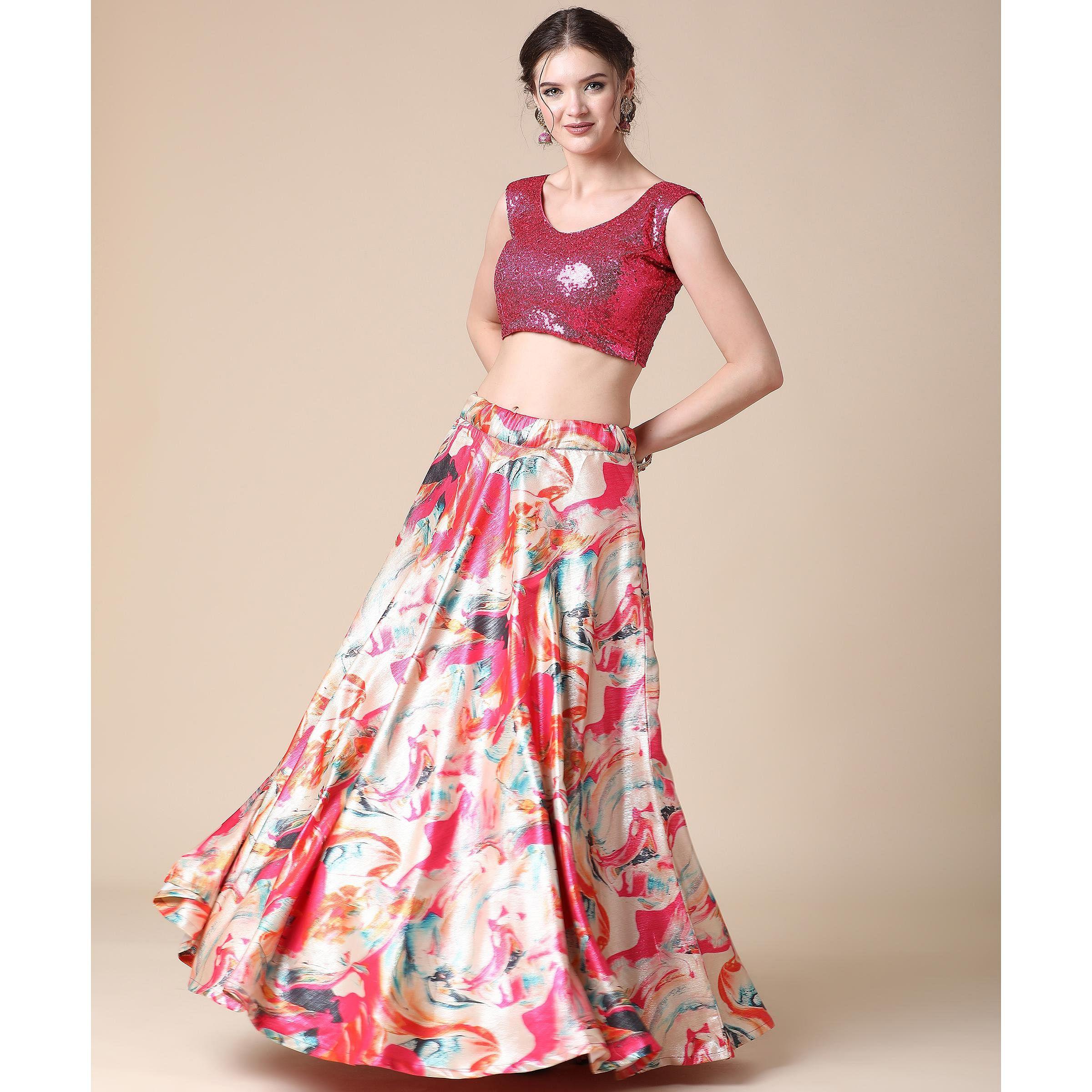 Multicolor Partywear Heavy Digital Printed Heavy Silk Lehenga - Peachmode