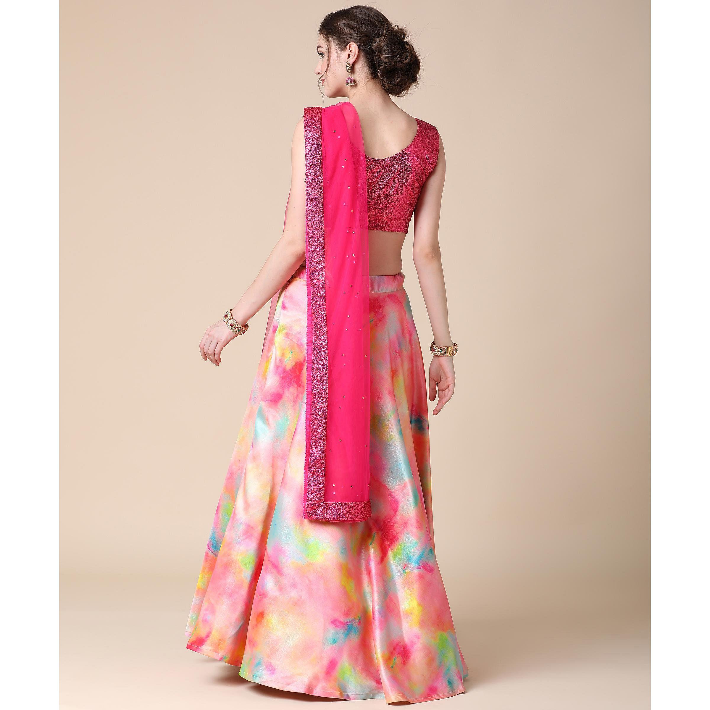 Multicolor Partywear Heavy Digital Printed Heavy Silk Lehenga - Peachmode