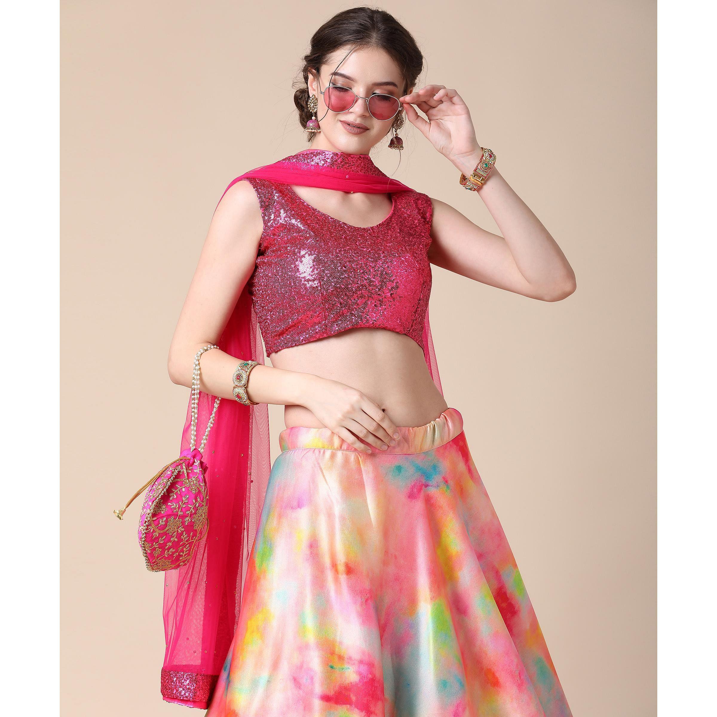 Multicolor Partywear Heavy Digital Printed Heavy Silk Lehenga - Peachmode