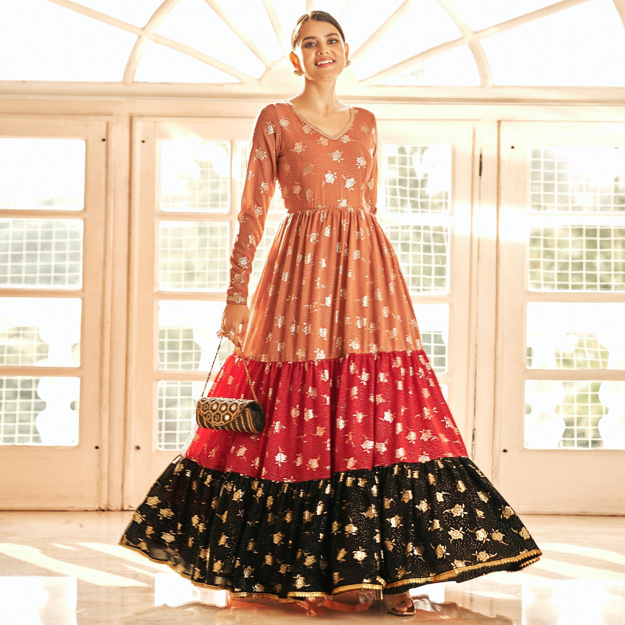Multicolor Partywear Metallic Foil Work Georgette Gown - Peachmode