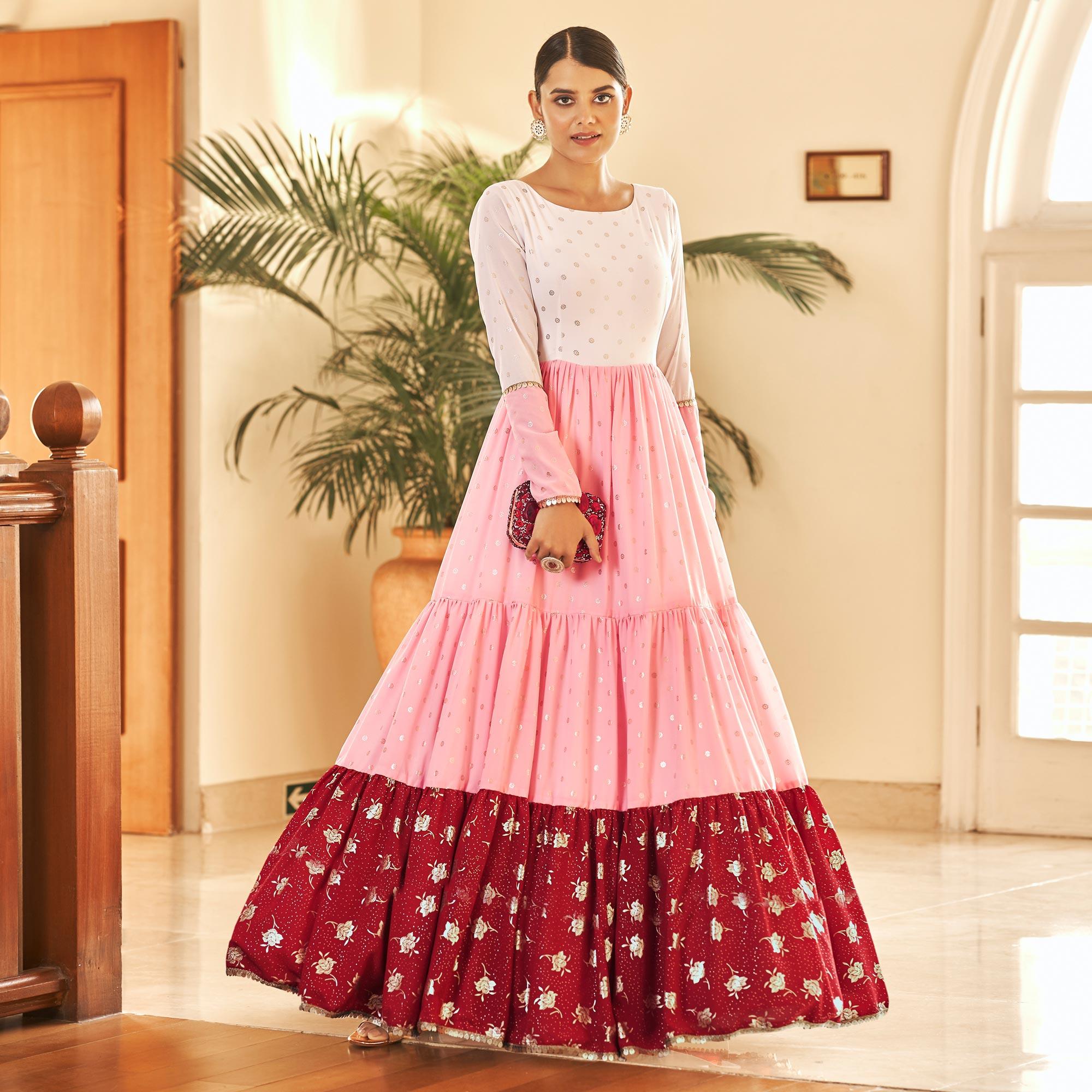 Multicolor Partywear Metallic Foil Work Georgette Gown - Peachmode