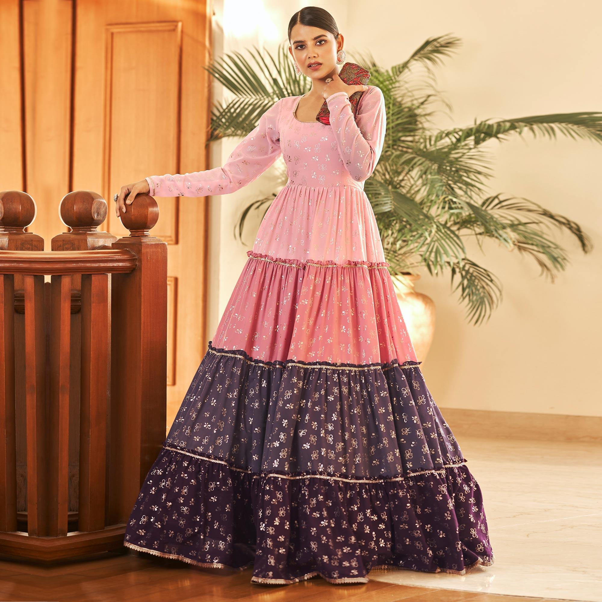 Multicolor Partywear Metallic Foil Work Georgette Gown - Peachmode