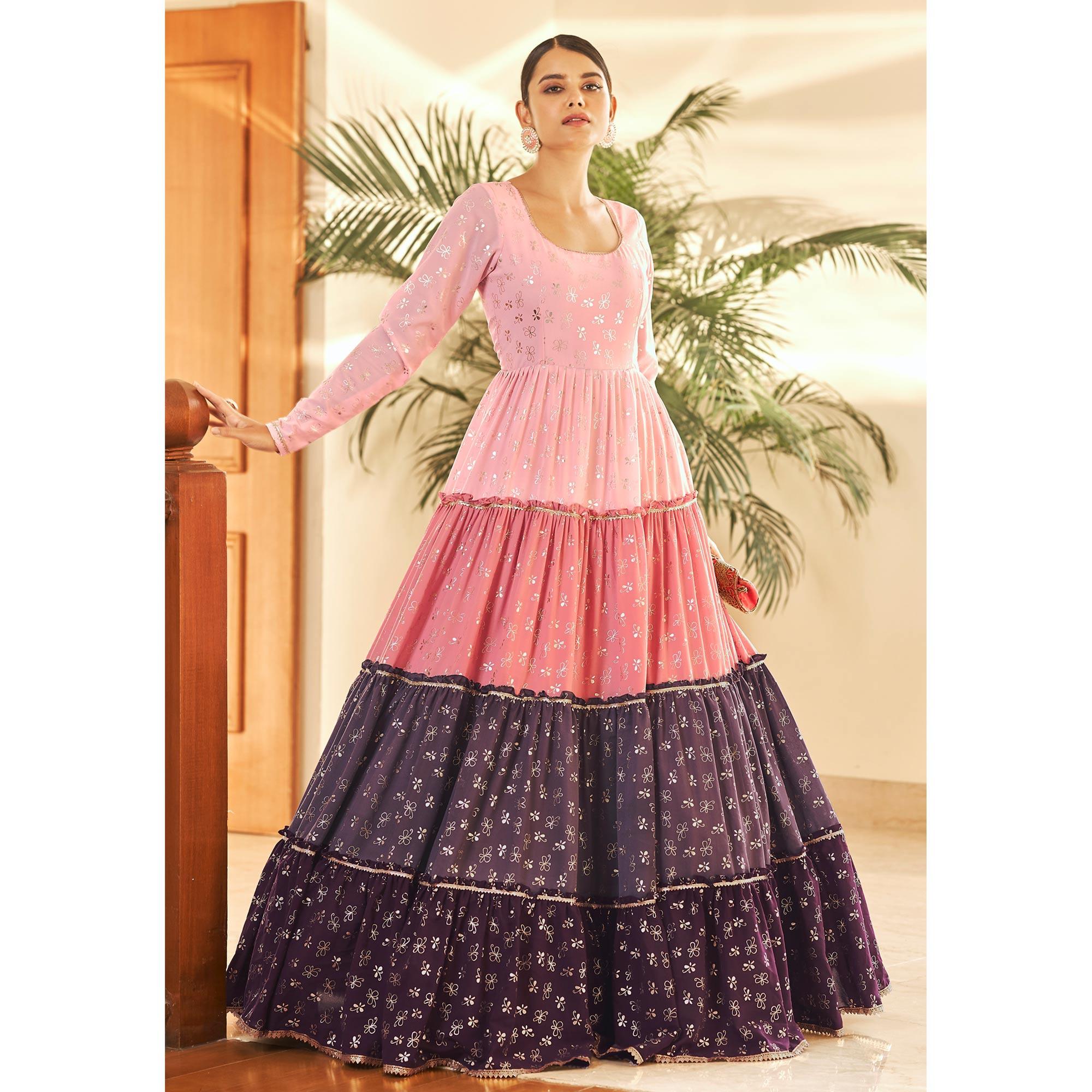 Multicolor Partywear Metallic Foil Work Georgette Gown - Peachmode