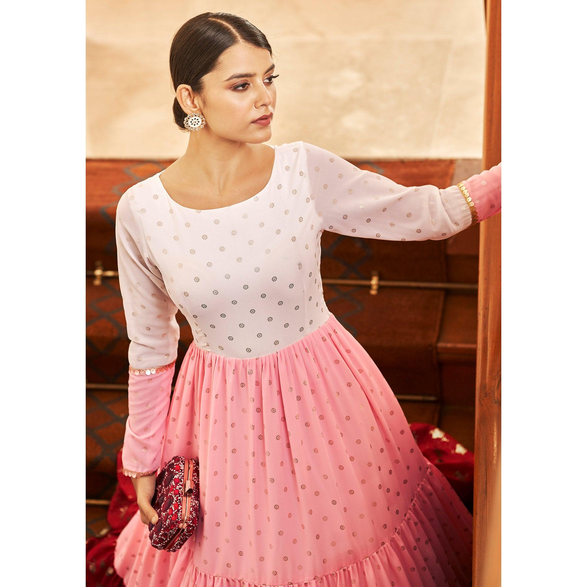 Multicolor Partywear Metallic Foil Work Georgette Gown - Peachmode