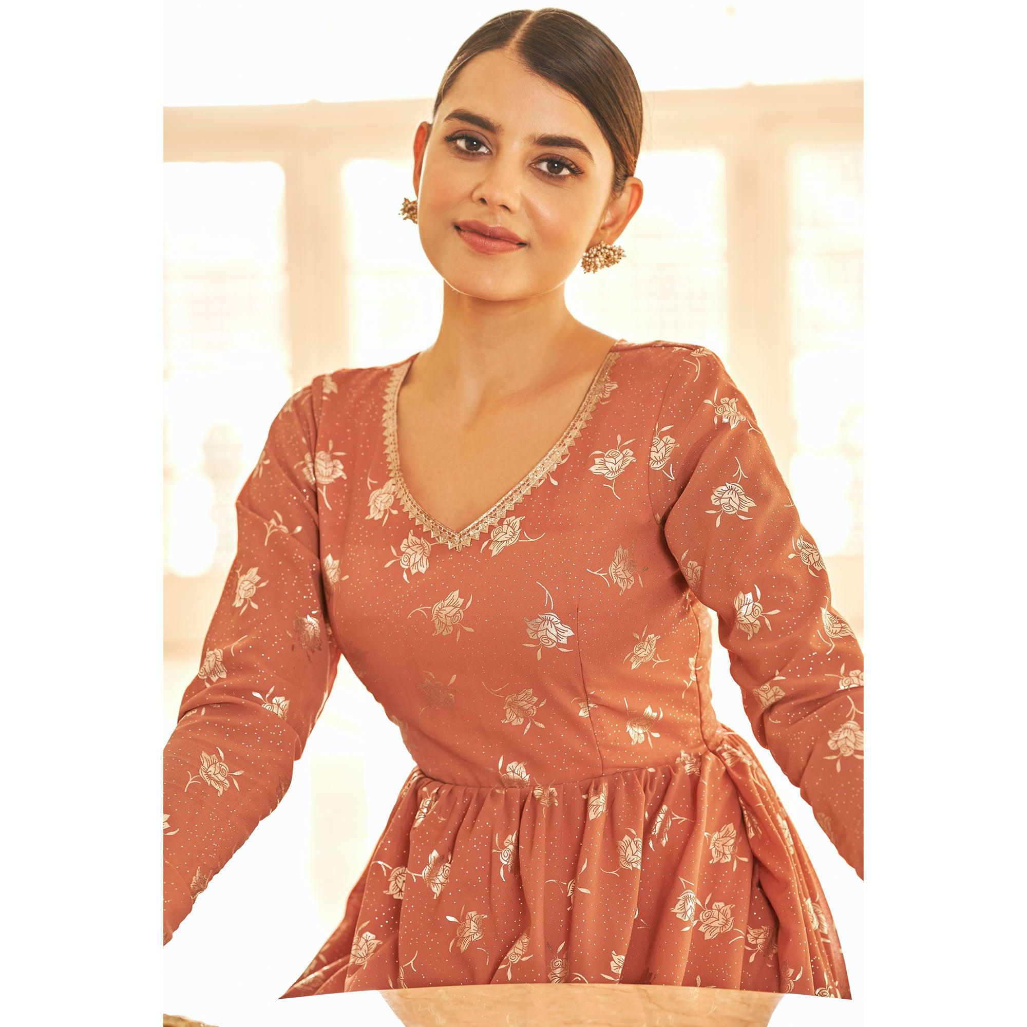 Multicolor Partywear Metallic Foil Work Georgette Gown - Peachmode