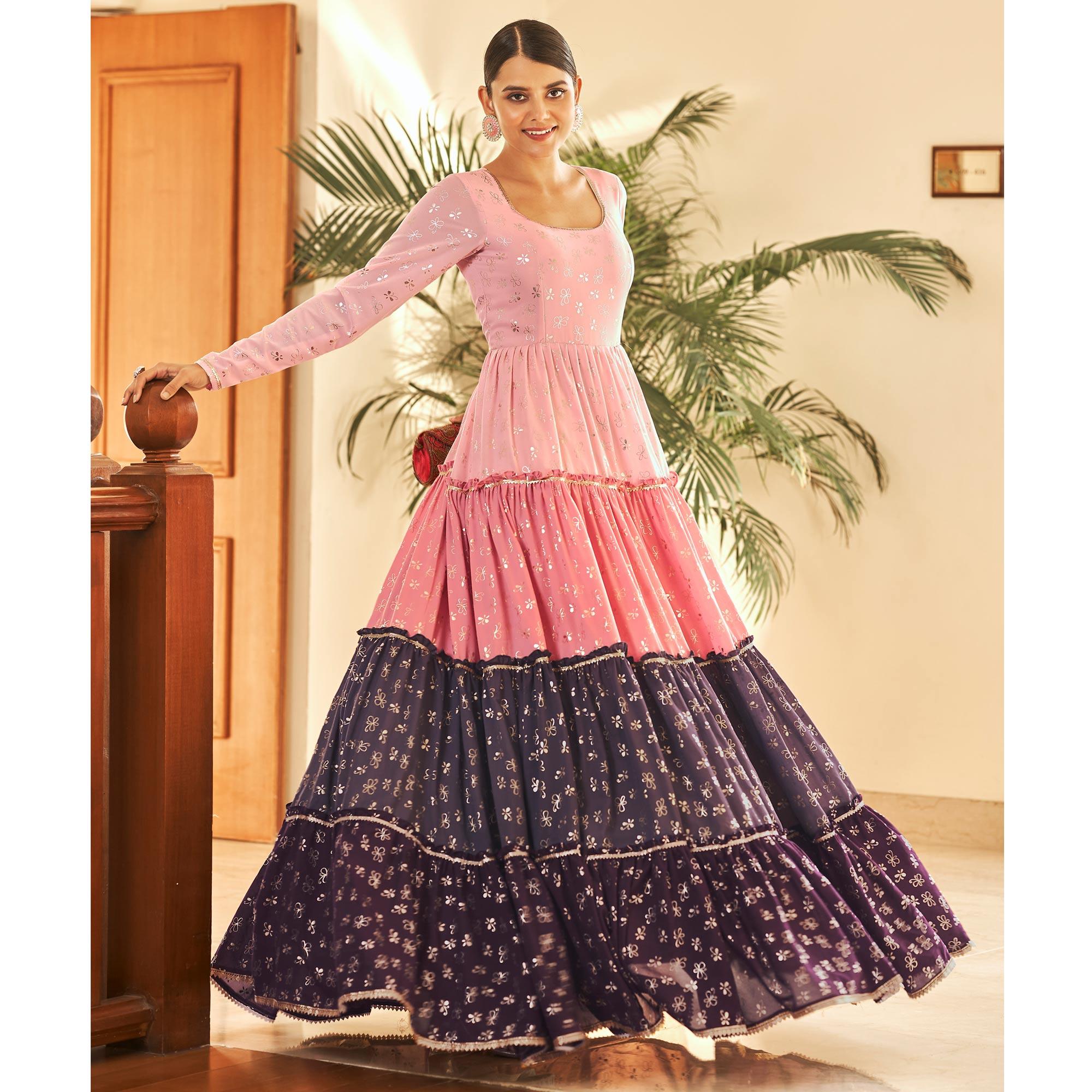 Multicolor Partywear Metallic Foil Work Georgette Gown - Peachmode