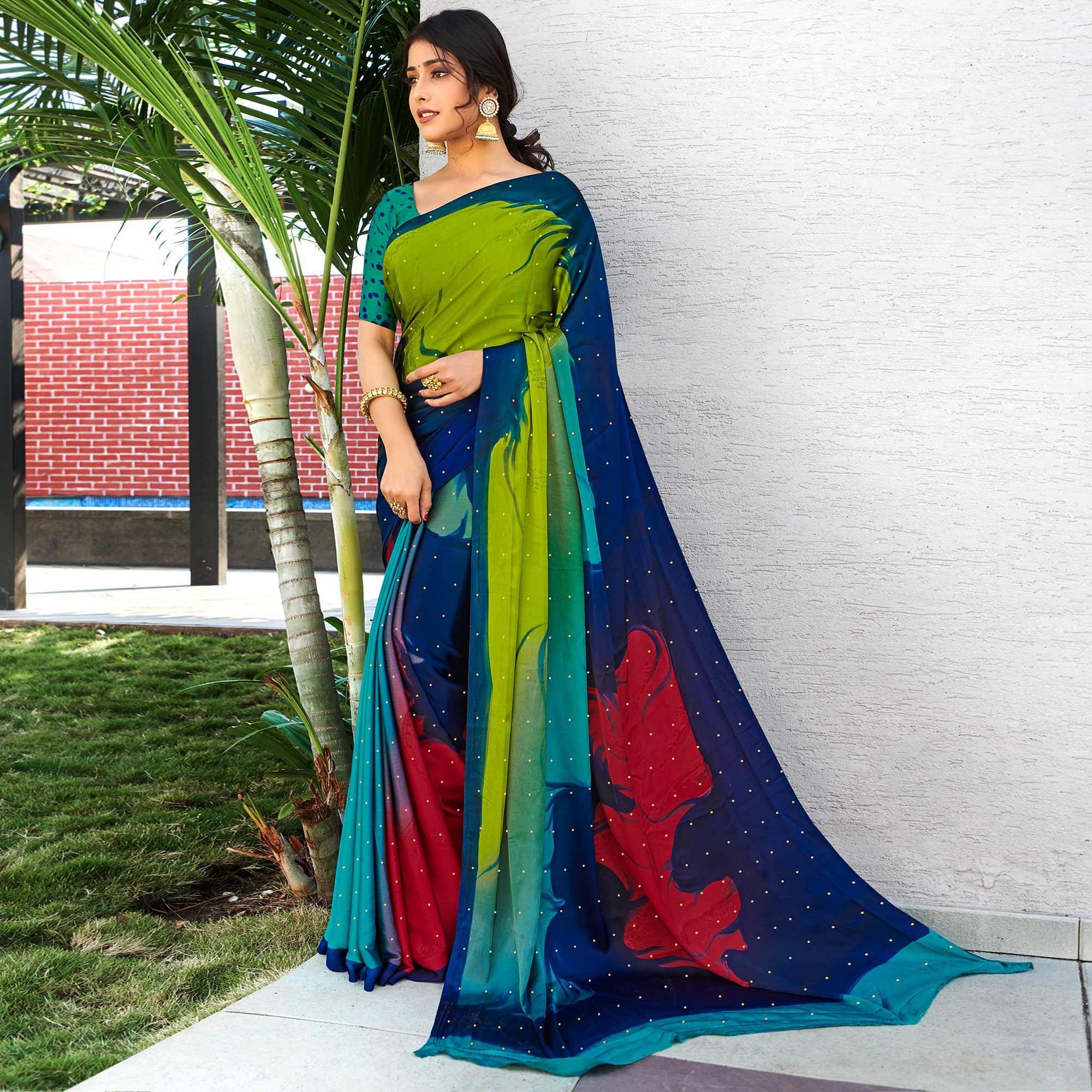 Multicolor Partywear Printed & Embellished Satin Saree - Peachmode