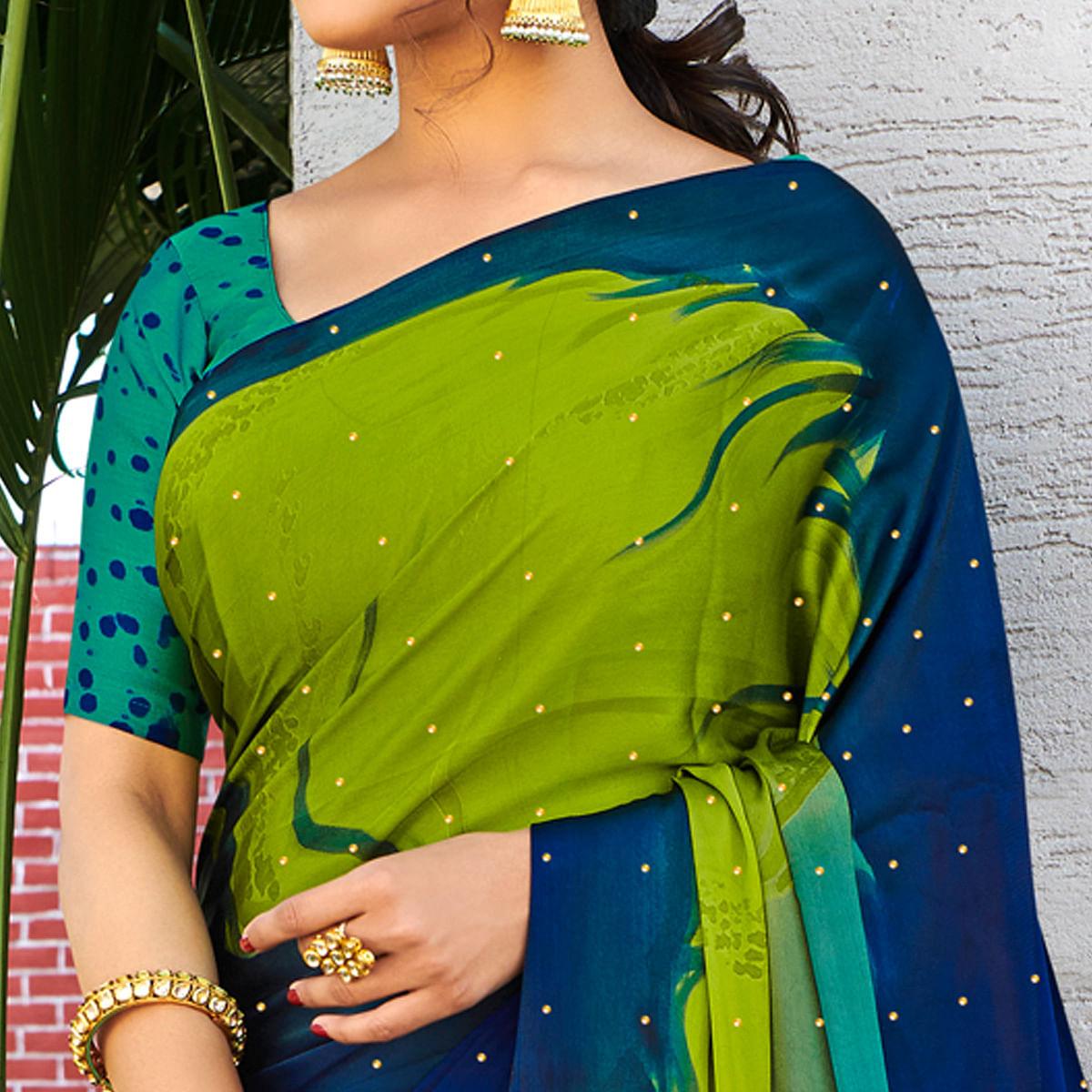 Multicolor Partywear Printed & Embellished Satin Saree - Peachmode