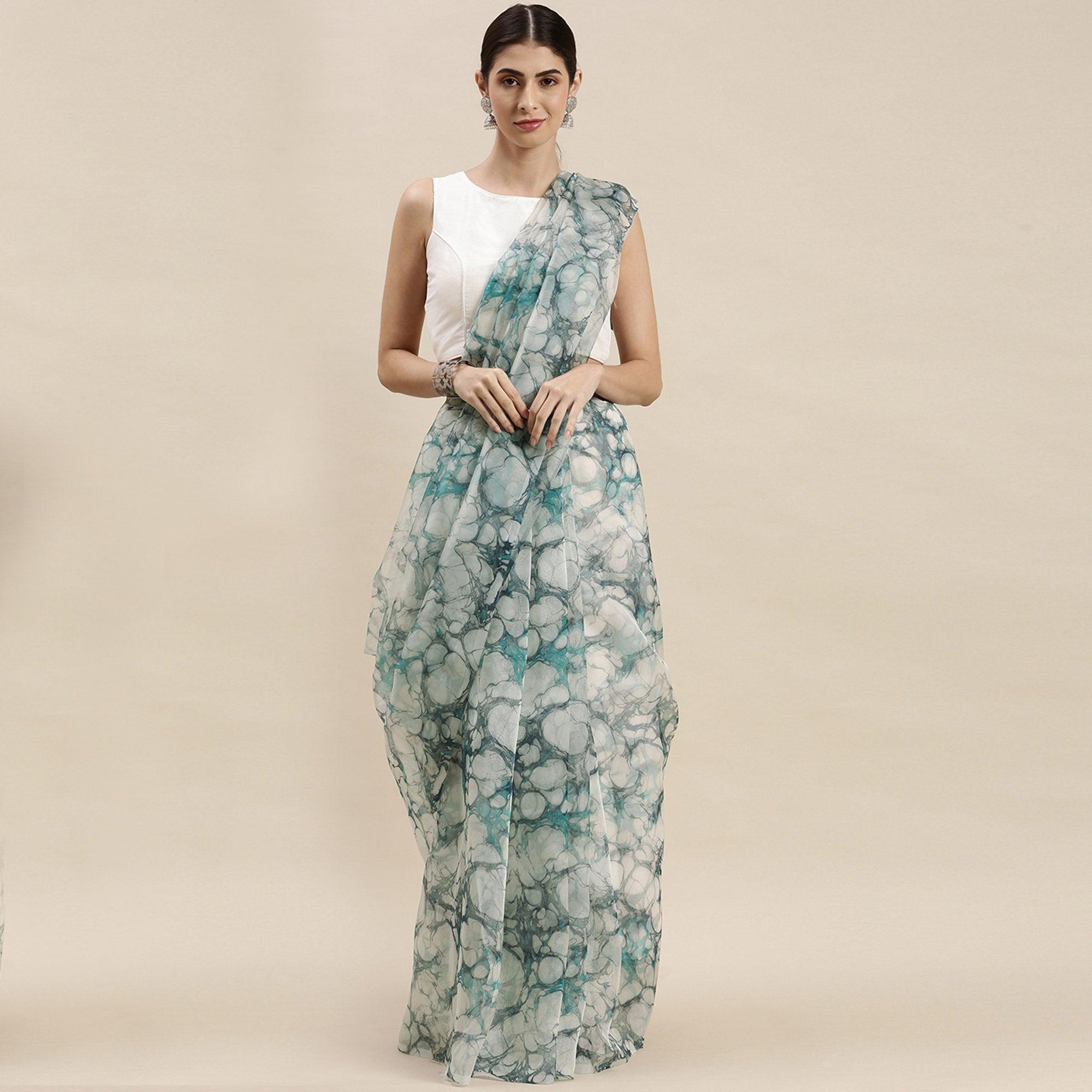 Multicolor Partywear Printed Organza Saree - Peachmode