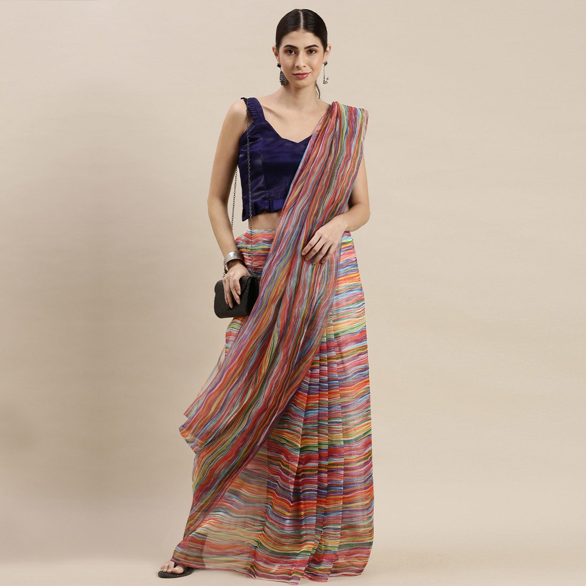 Multicolor Partywear Printed Organza Saree - Peachmode