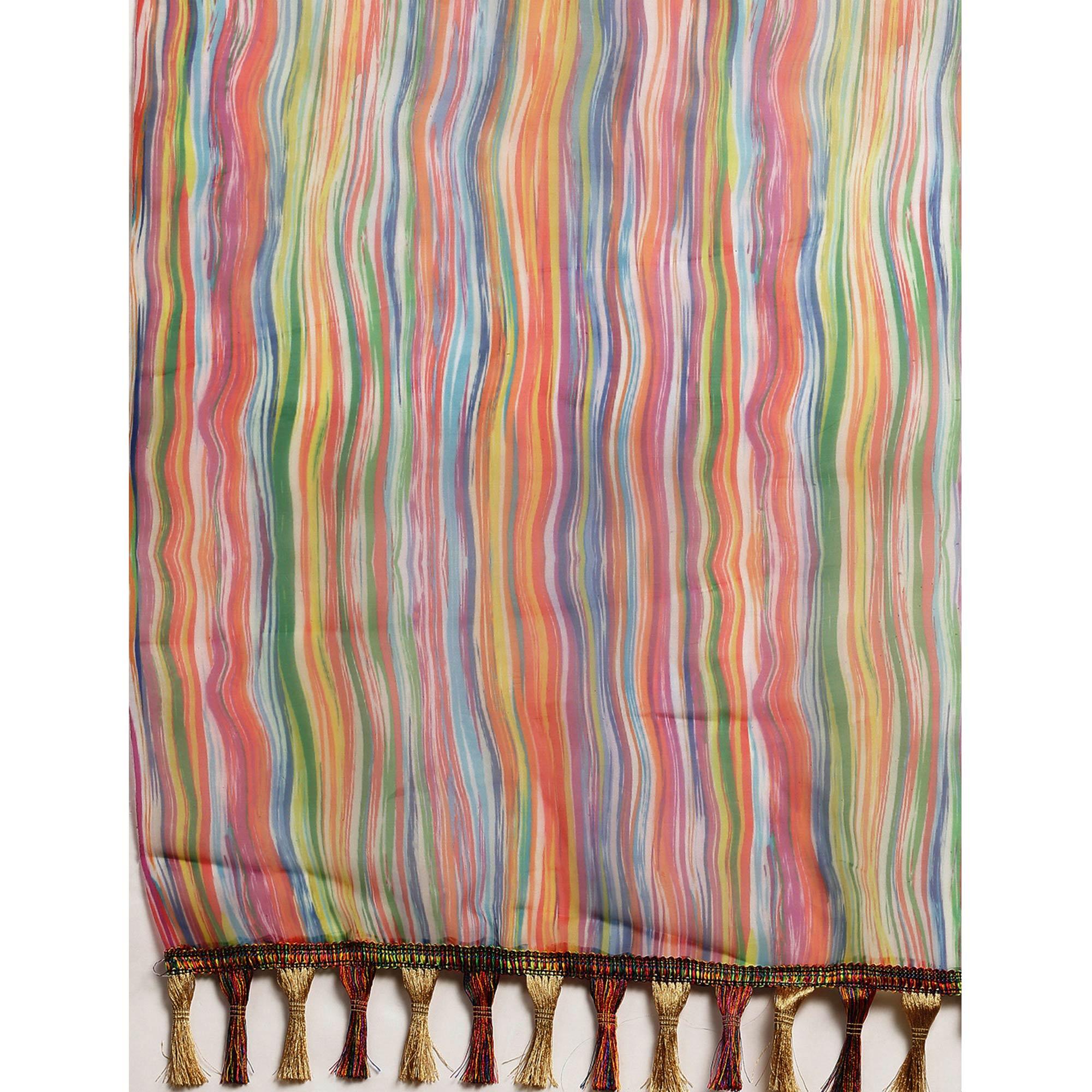 Multicolor Partywear Printed Organza Saree - Peachmode