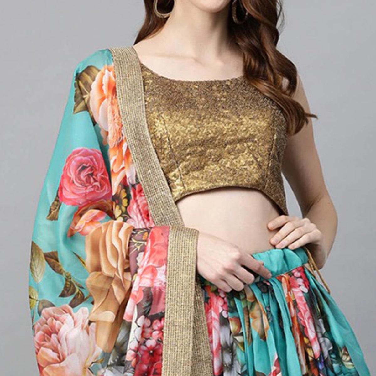 Multicolor Partywear Printed Sequence Pure Organza Lehenga Choli - Peachmode