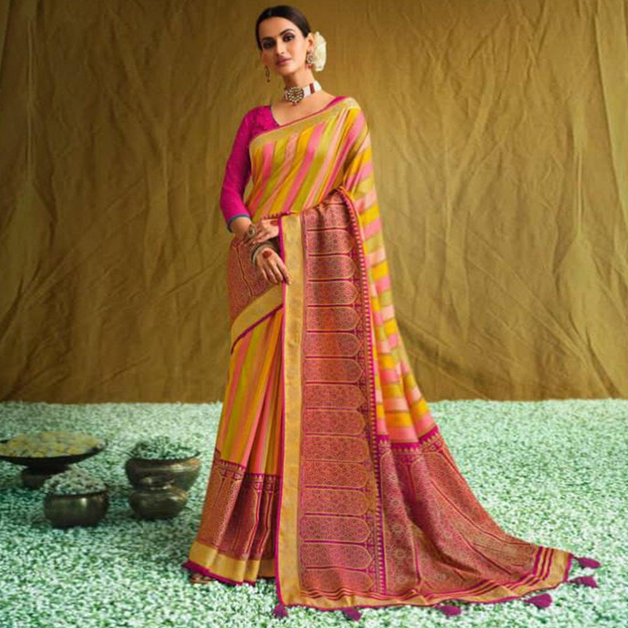 Multicolor Partywear Weaving Resham Work Brasso Saree - Peachmode