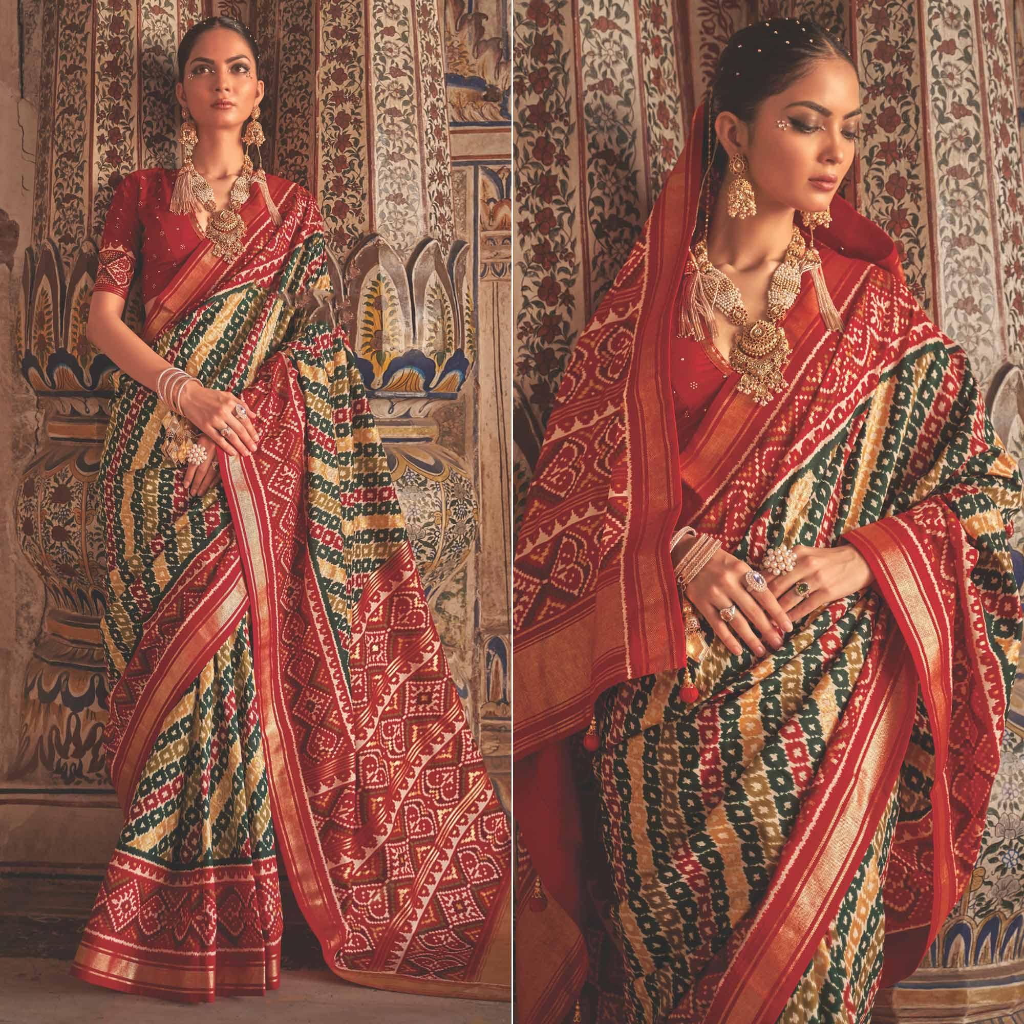 Multicolor Patola Printed Art Silk Saree - Peachmode