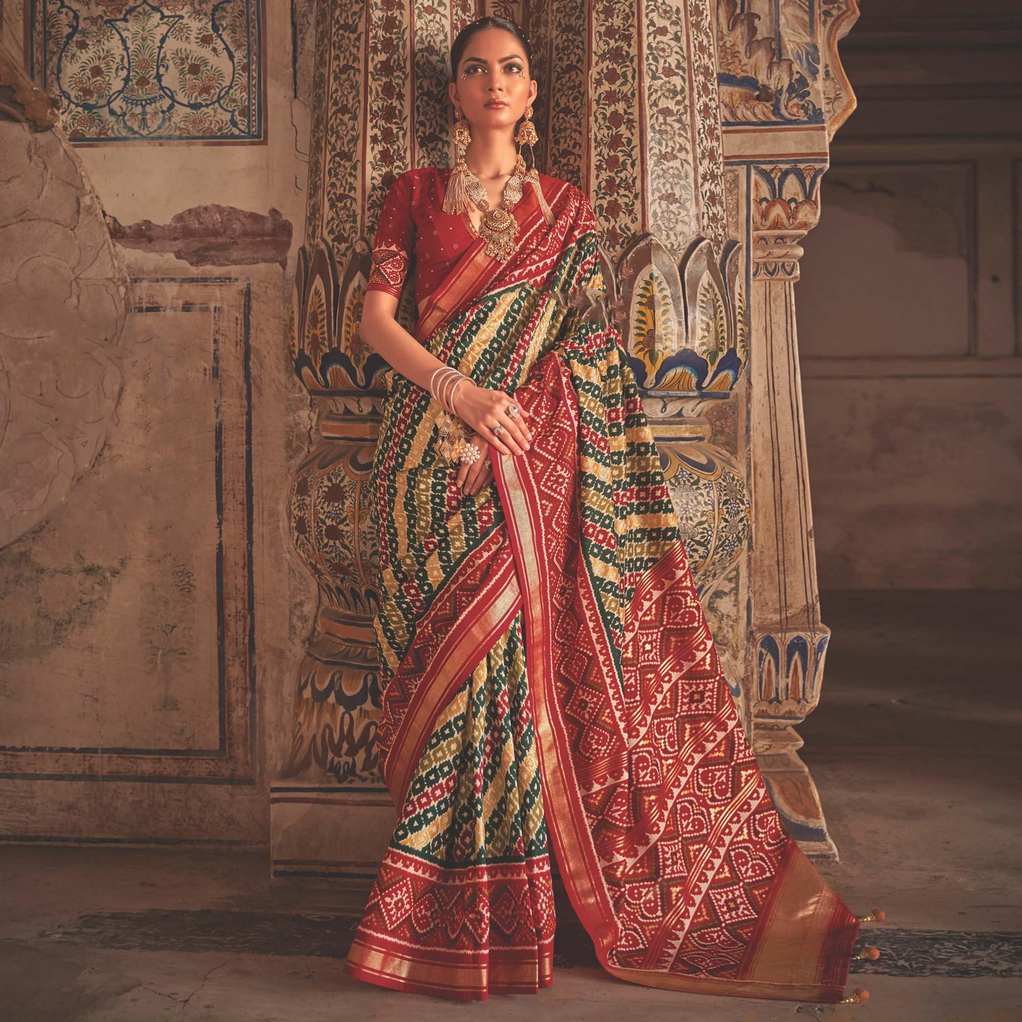 Multicolor Patola Printed Art Silk Saree - Peachmode