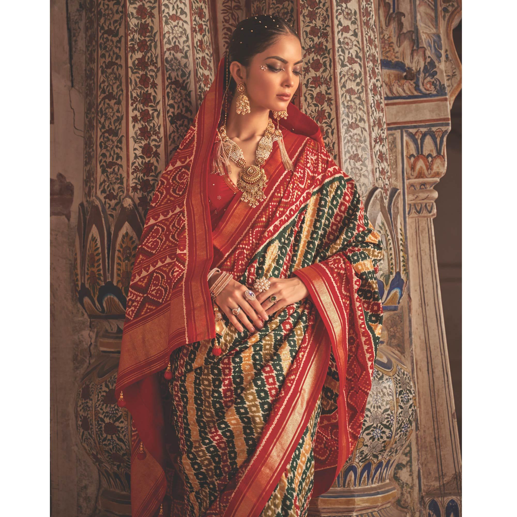Multicolor Patola Printed Art Silk Saree - Peachmode
