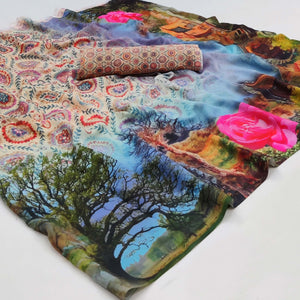 Multicolor Printed Georgette Saree - Peachmode