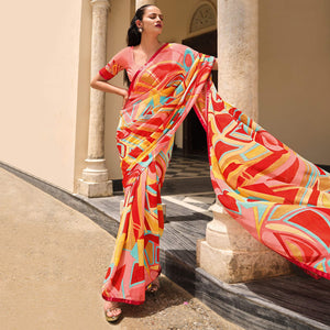 Multicolor Printed Georgette Saree - Peachmode
