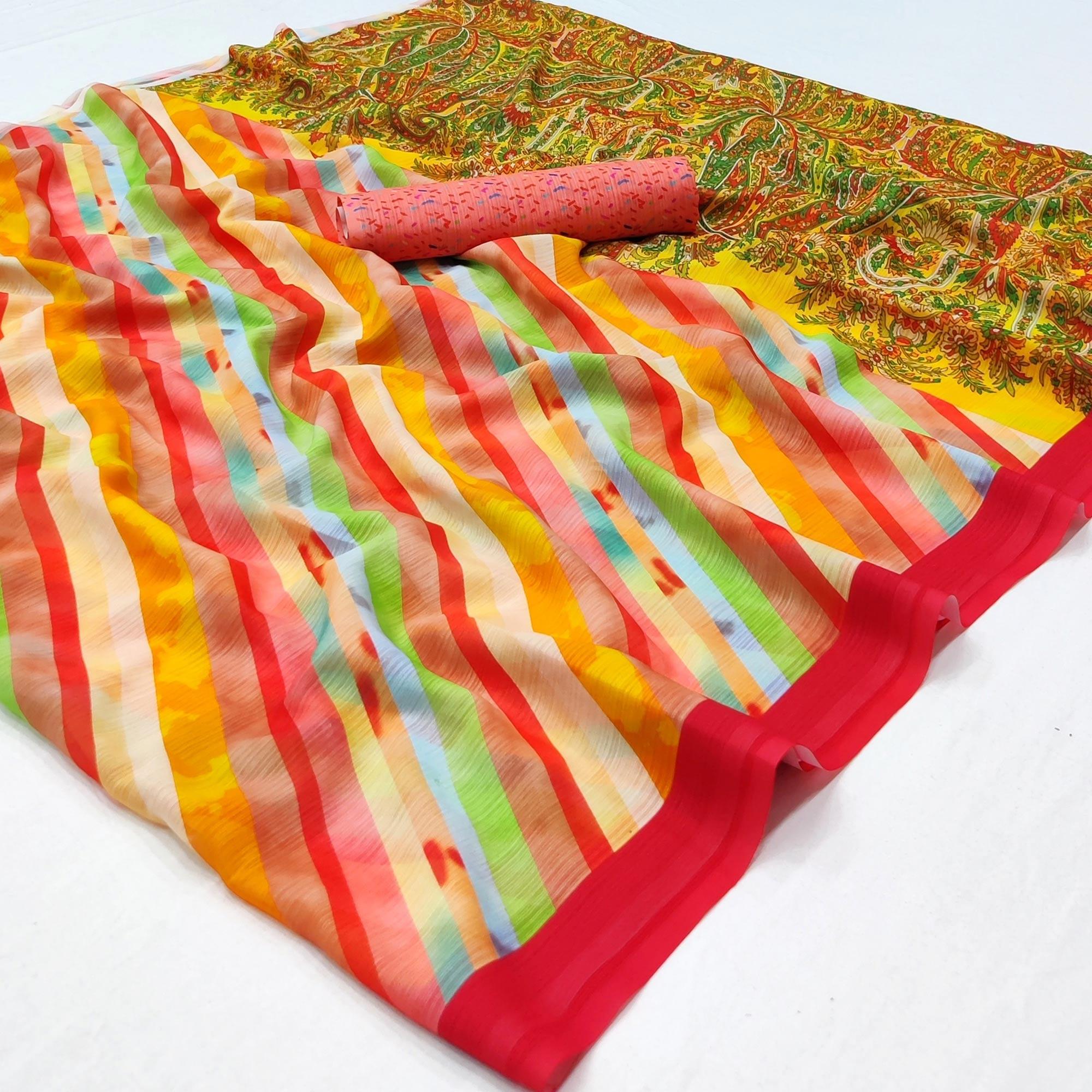Multicolor Printed Georgette Saree - Peachmode