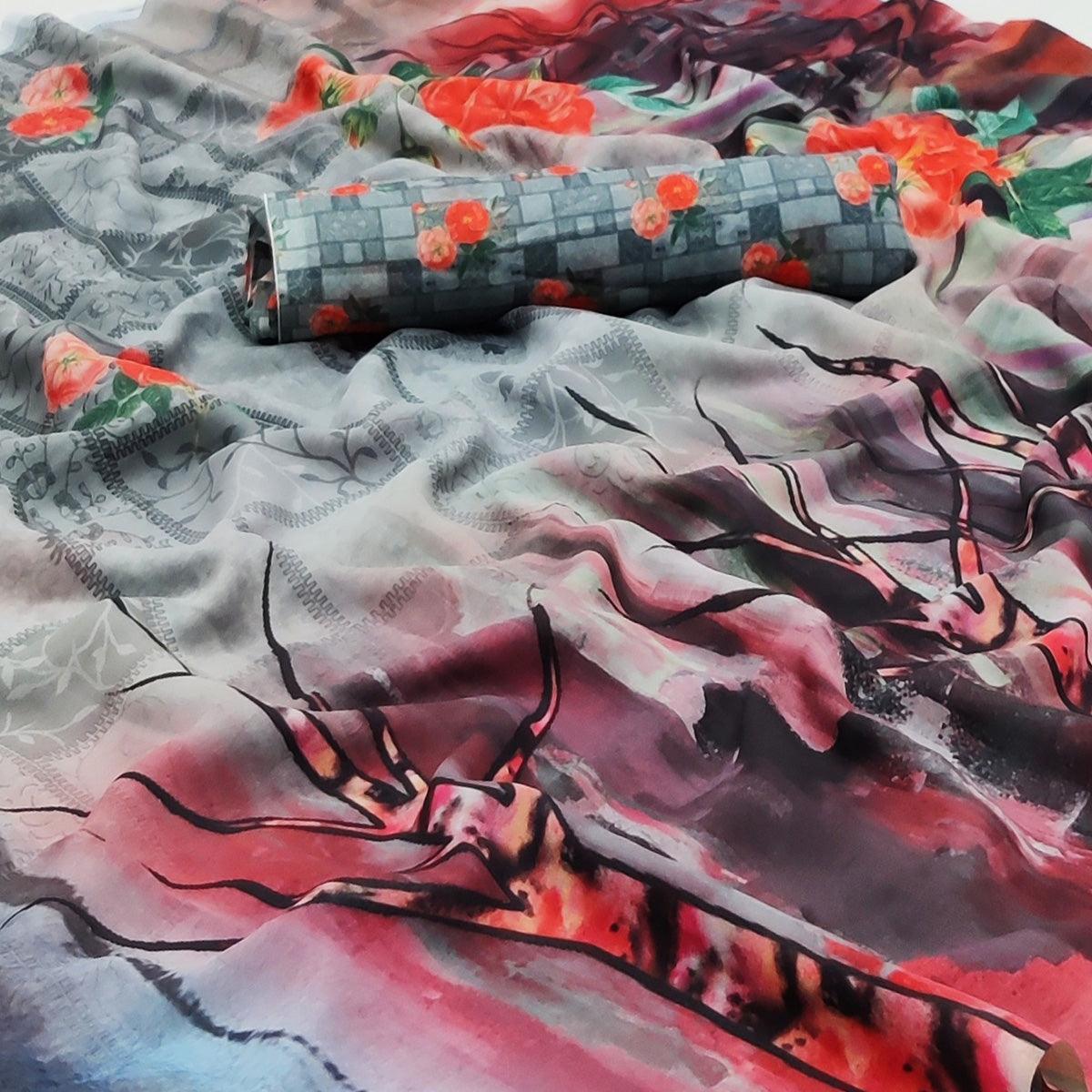 Multicolor Printed Georgette Saree - Peachmode