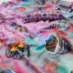 Multicolor Printed Georgette Saree - Peachmode