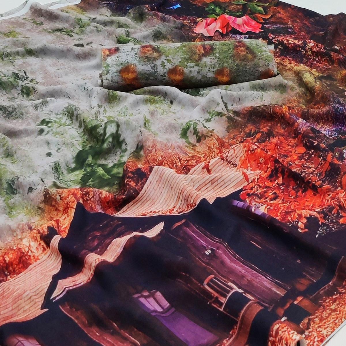 Multicolor Printed Georgette Saree - Peachmode