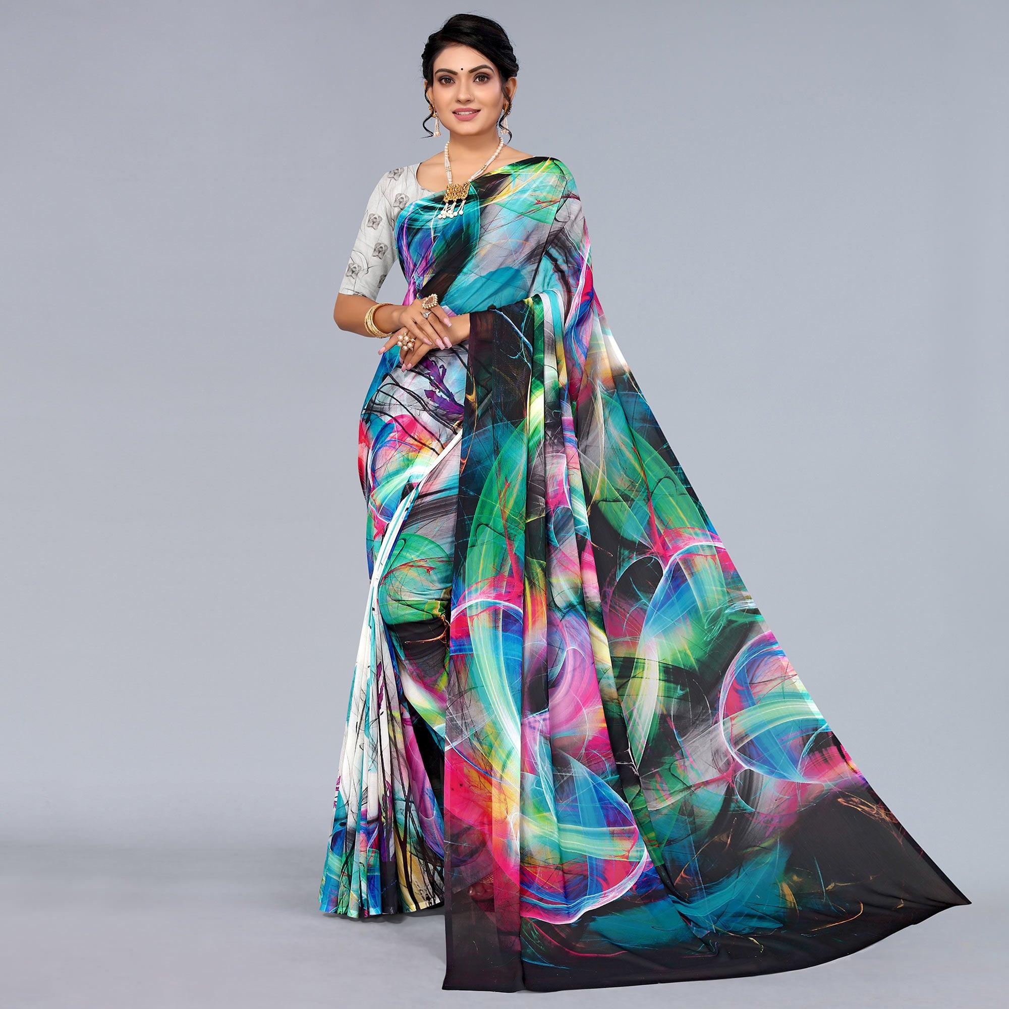 Multicolor Printed Georgette Saree - Peachmode