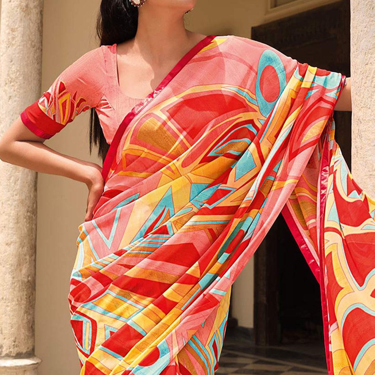 Multicolor Printed Georgette Saree - Peachmode