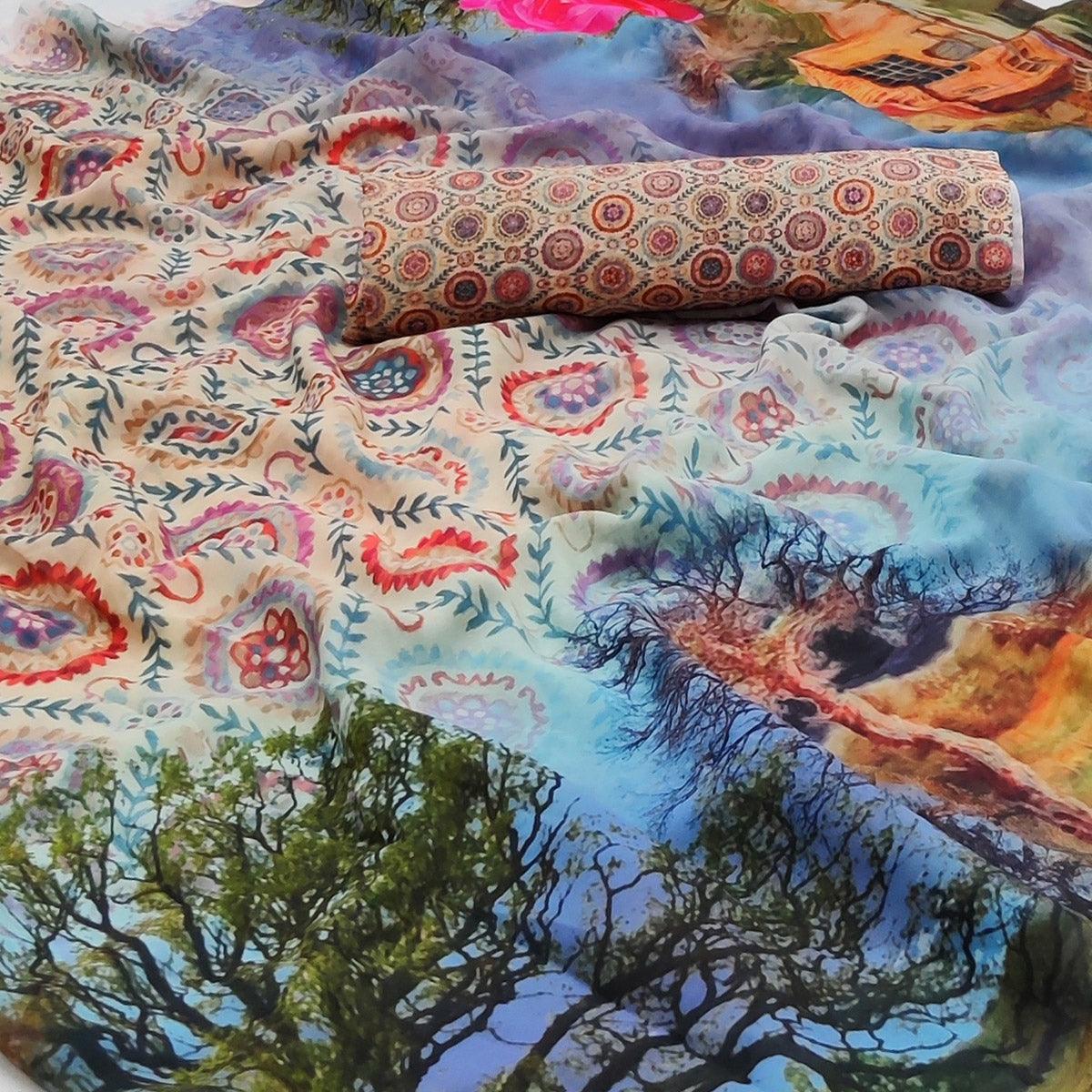 Multicolor Printed Georgette Saree - Peachmode