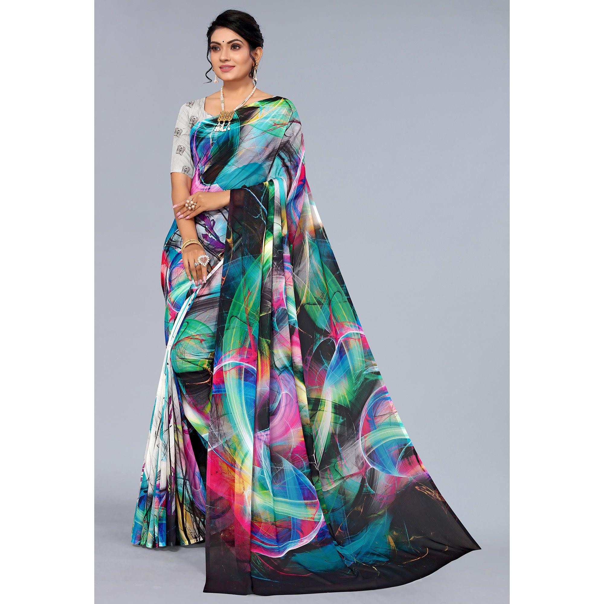 Multicolor Printed Georgette Saree - Peachmode