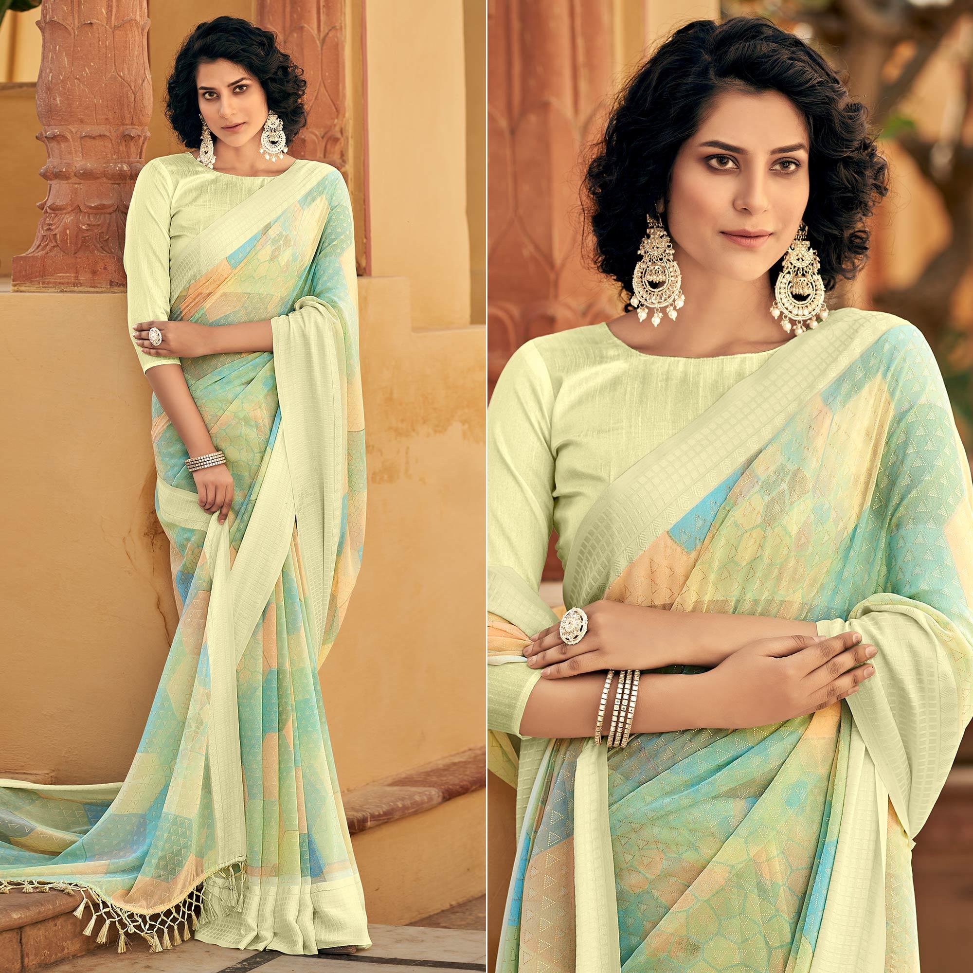 Multicolor Printed Georgette Saree With Tassels - Peachmode