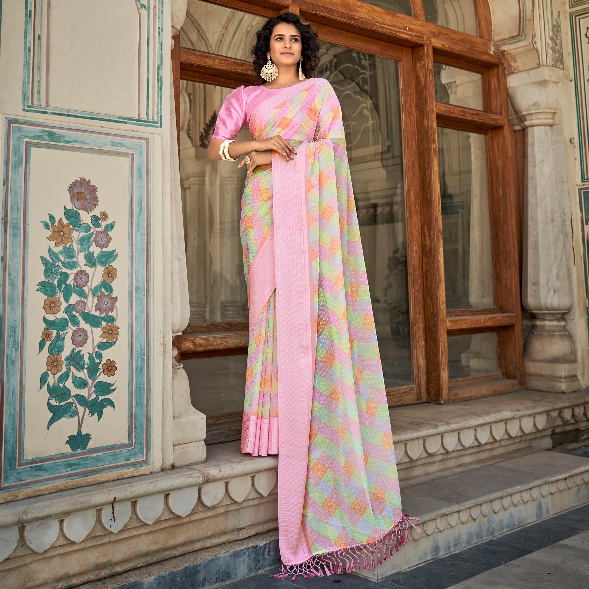 Multicolor Printed Georgette Saree With Tassels - Peachmode