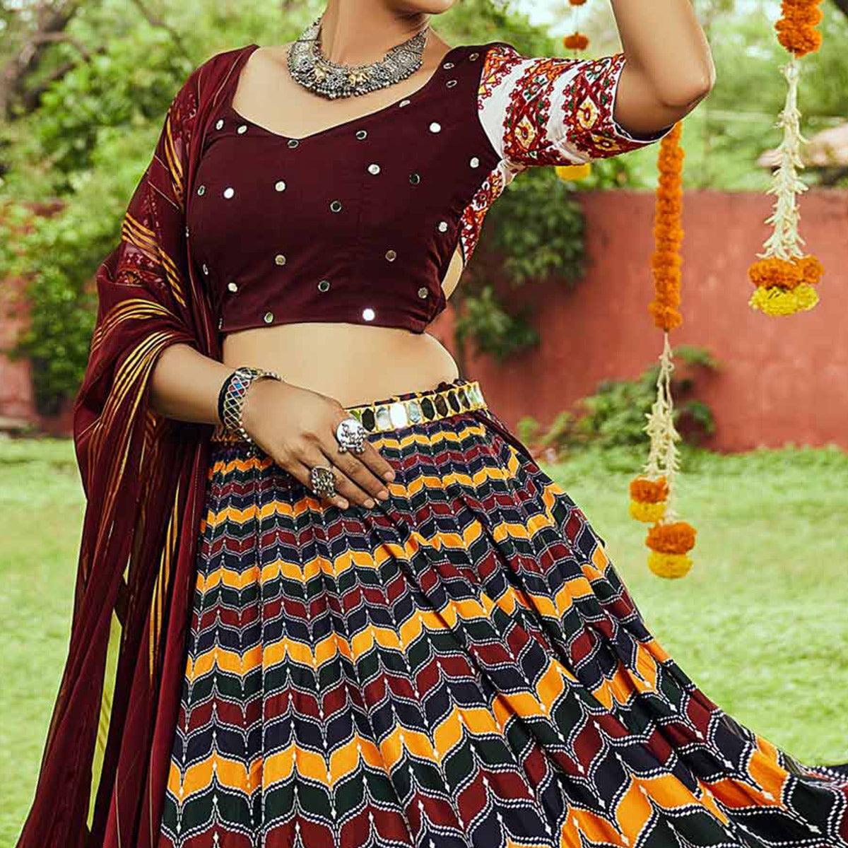 Multicolor Printed Muslin Lehenga Choli - Peachmode