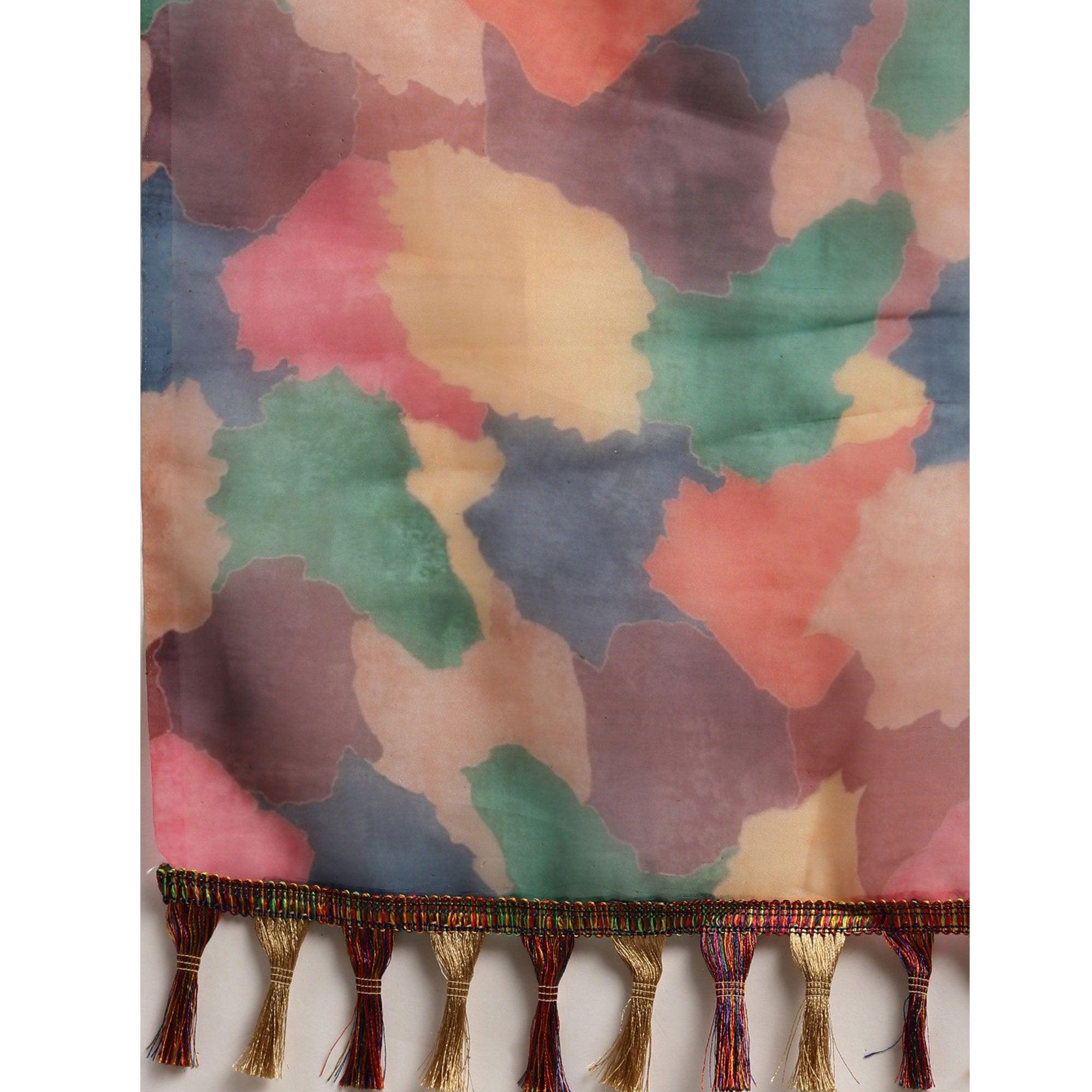 Multicolor Printed Organza Saree - Peachmode