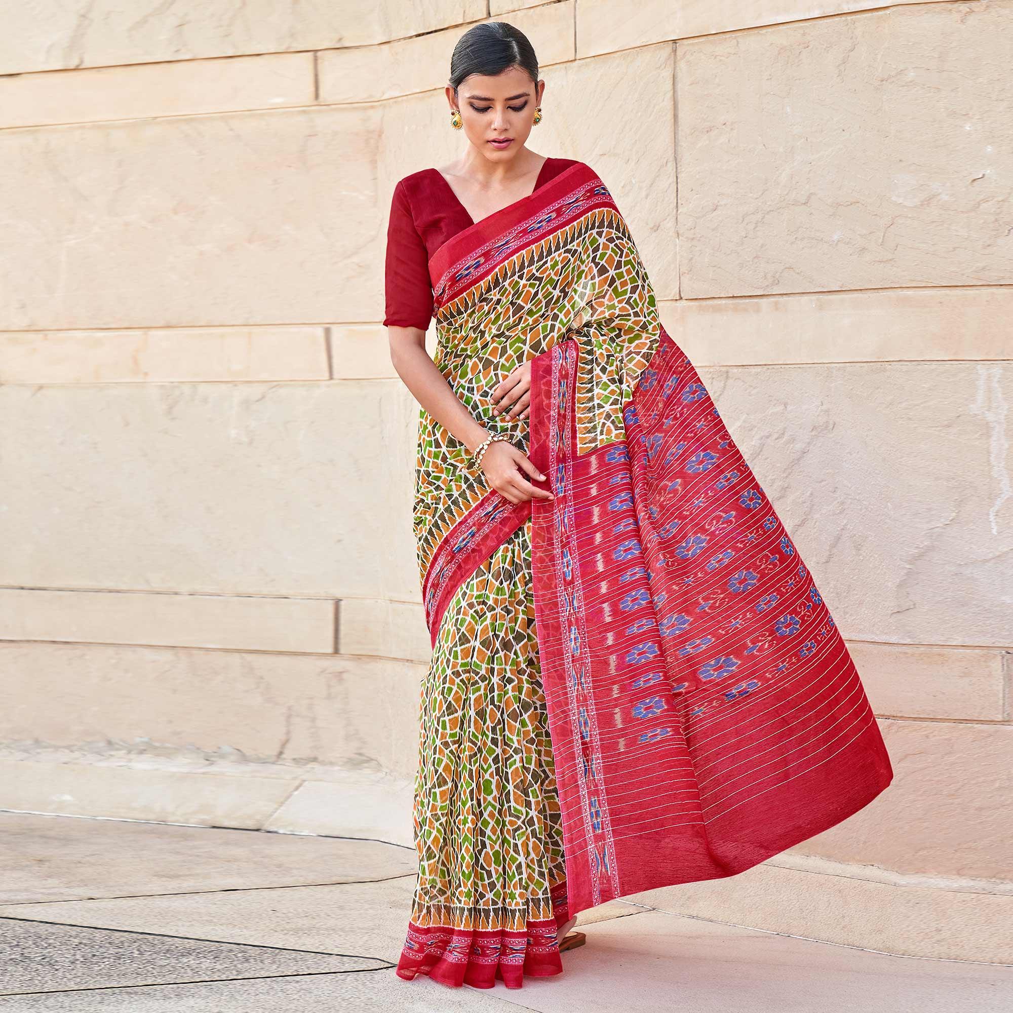 Multicolor Printed Poly Cotton Saree - Peachmode