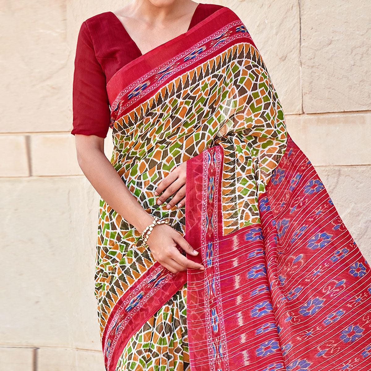 Multicolor Printed Poly Cotton Saree - Peachmode