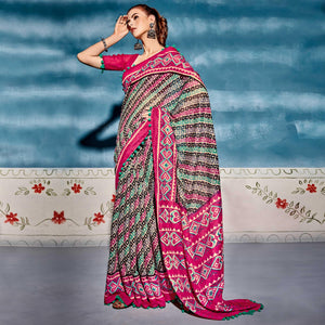 Multicolor Printed Poly Cotton Saree With Pumpum Lace - Peachmode