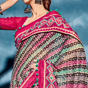 Multicolor Printed Poly Cotton Saree With Pumpum Lace - Peachmode