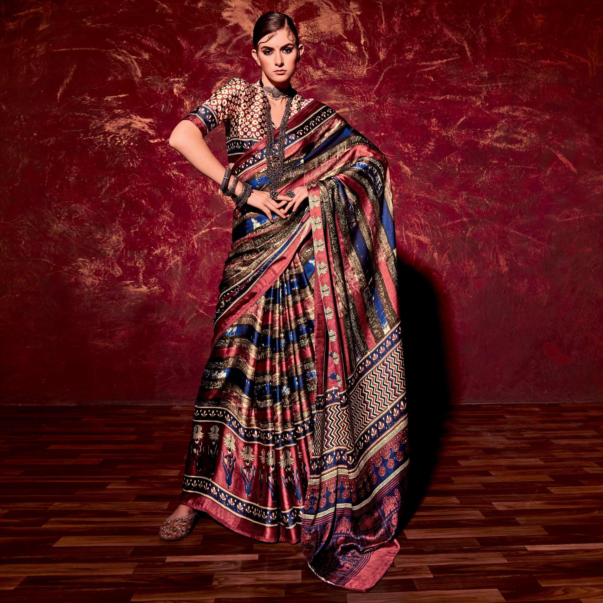 Multicolor Printed Satin Saree - Peachmode