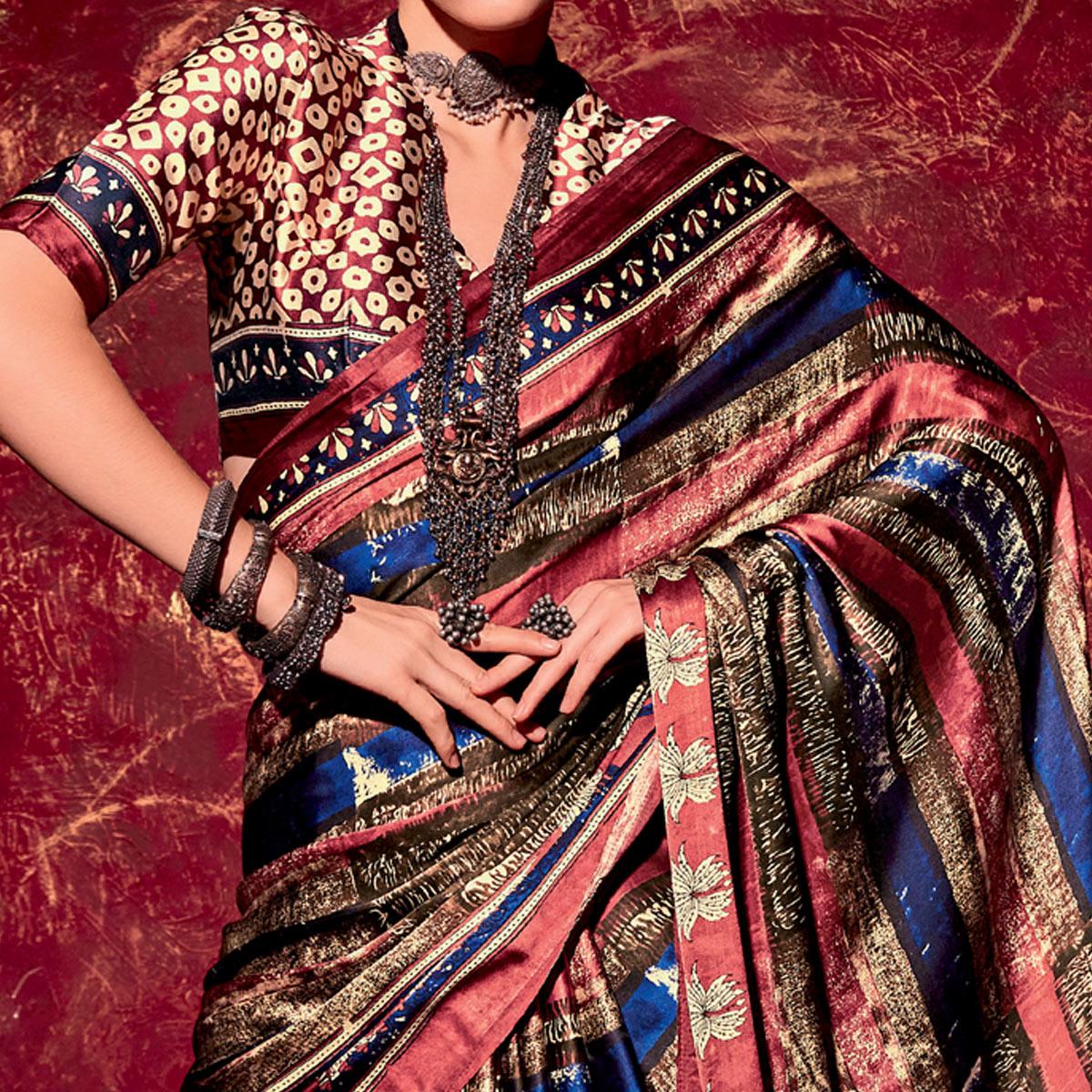 Multicolor Printed Satin Saree - Peachmode
