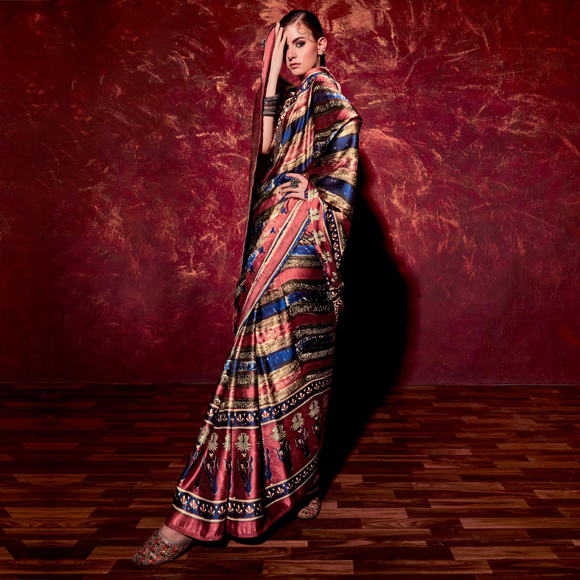 Multicolor Printed Satin Saree - Peachmode