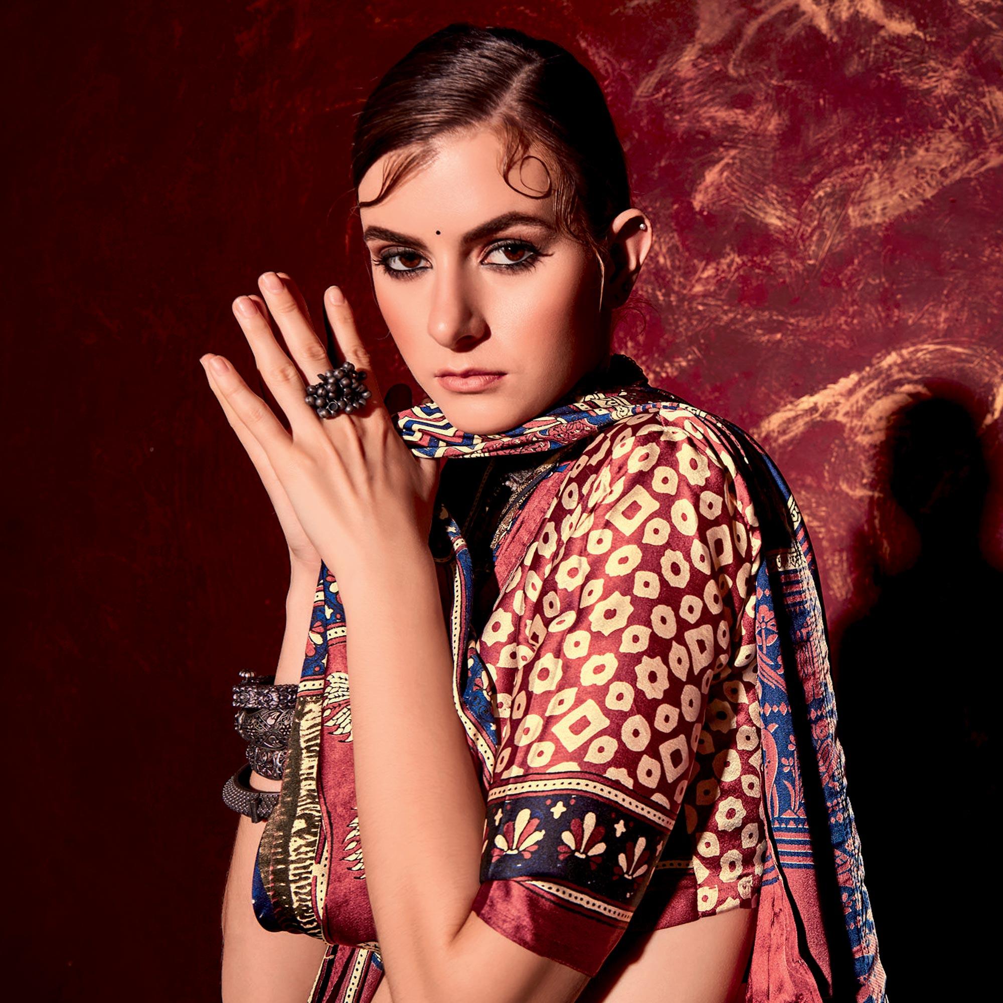 Multicolor Printed Satin Saree - Peachmode