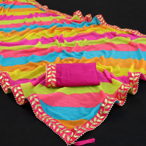 Multicolor Striped Casual Wear Georgette Saree With Gotta Patti Lace Border - Peachmode