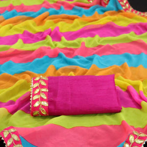 Multicolor Striped Casual Wear Georgette Saree With Gotta Patti Lace Border - Peachmode