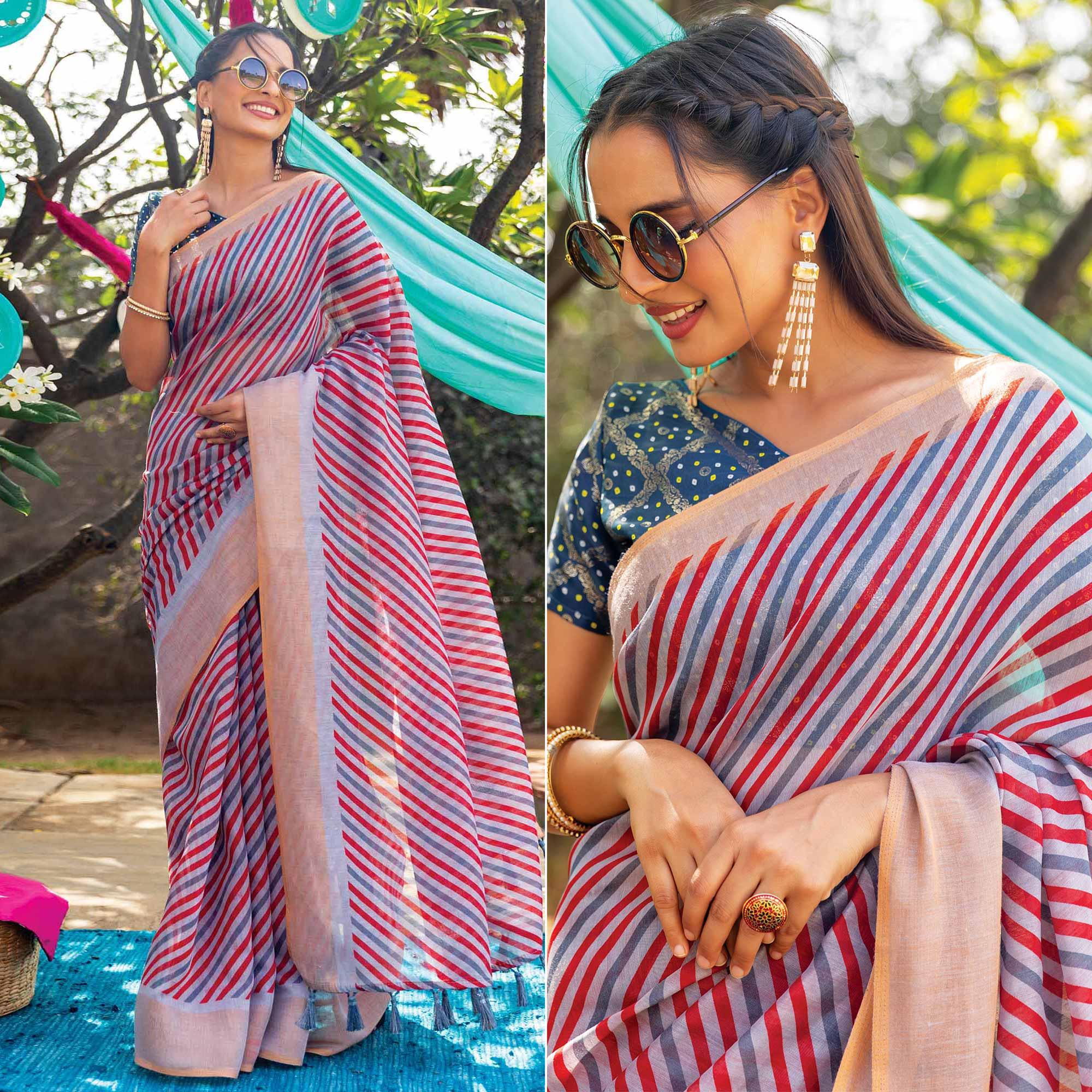 Multicolor Striped Printed Cotton Saree With Tassels - Peachmode