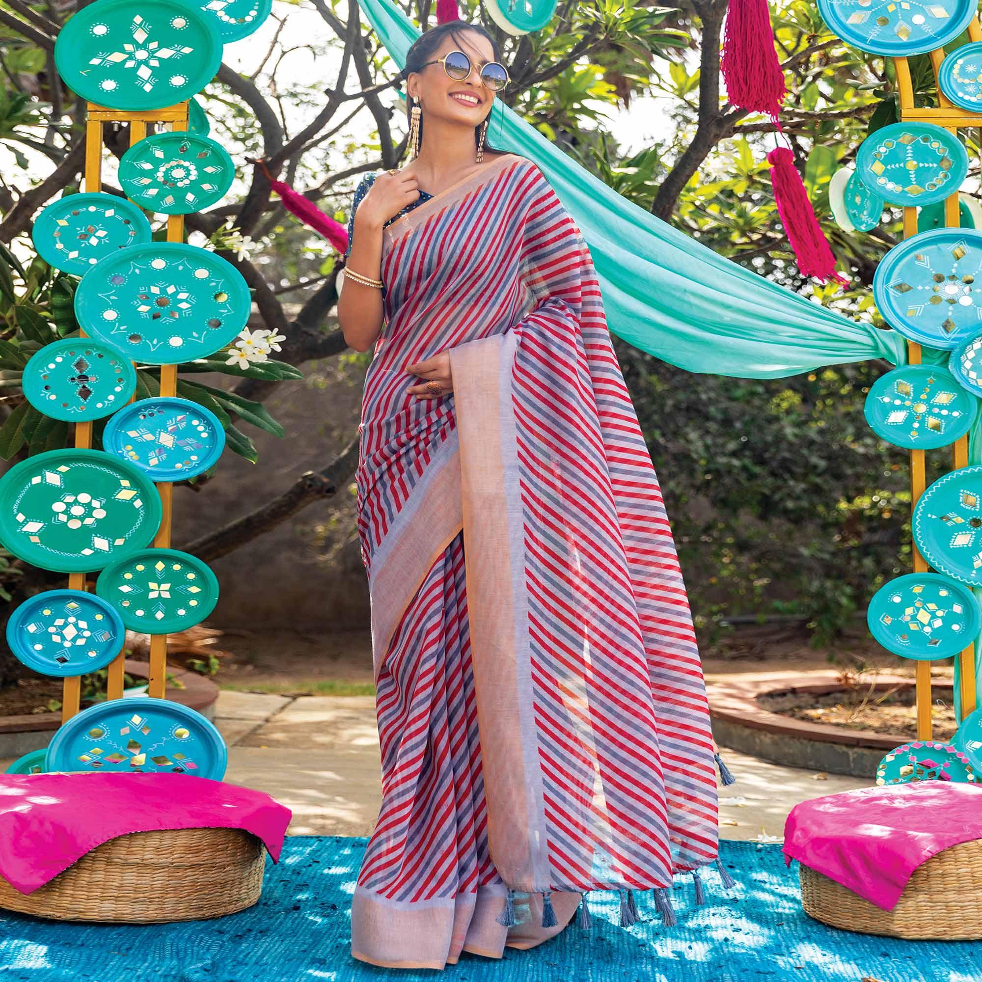 Multicolor Striped Printed Cotton Saree With Tassels - Peachmode