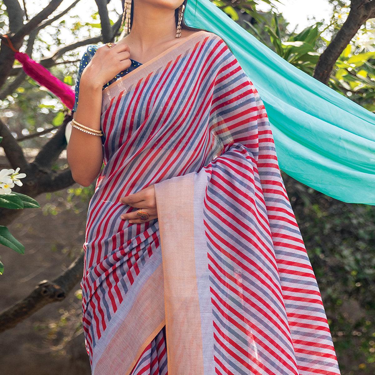 Multicolor Striped Printed Cotton Saree With Tassels - Peachmode