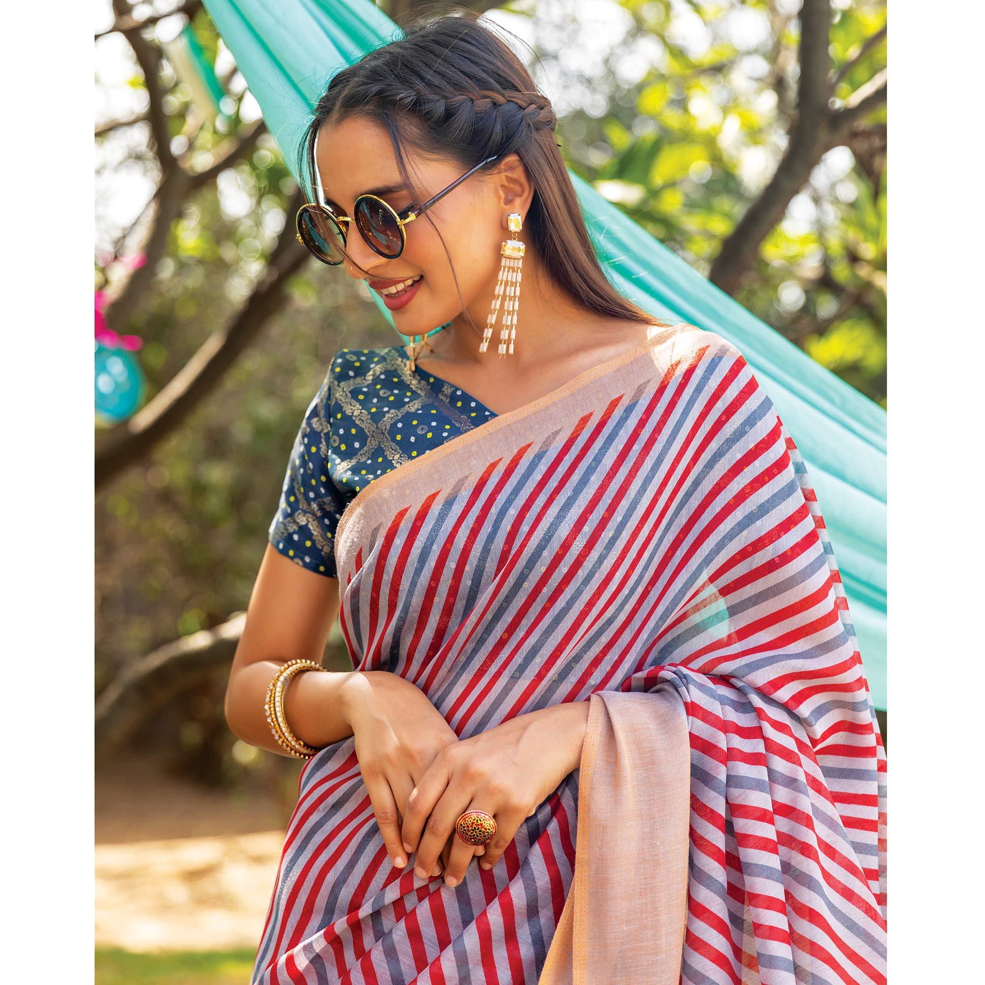 Multicolor Striped Printed Cotton Saree With Tassels - Peachmode