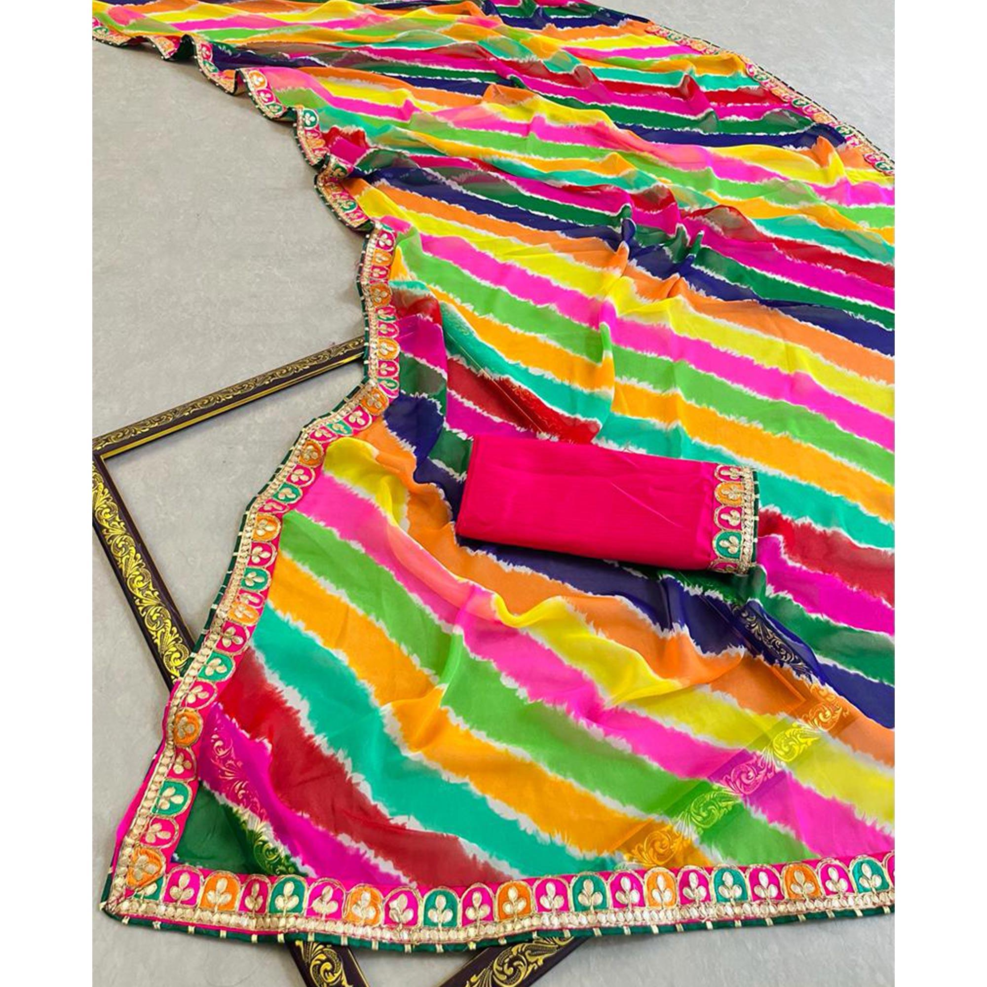 Multicolor Striped Printed Georgette Saree - Peachmode