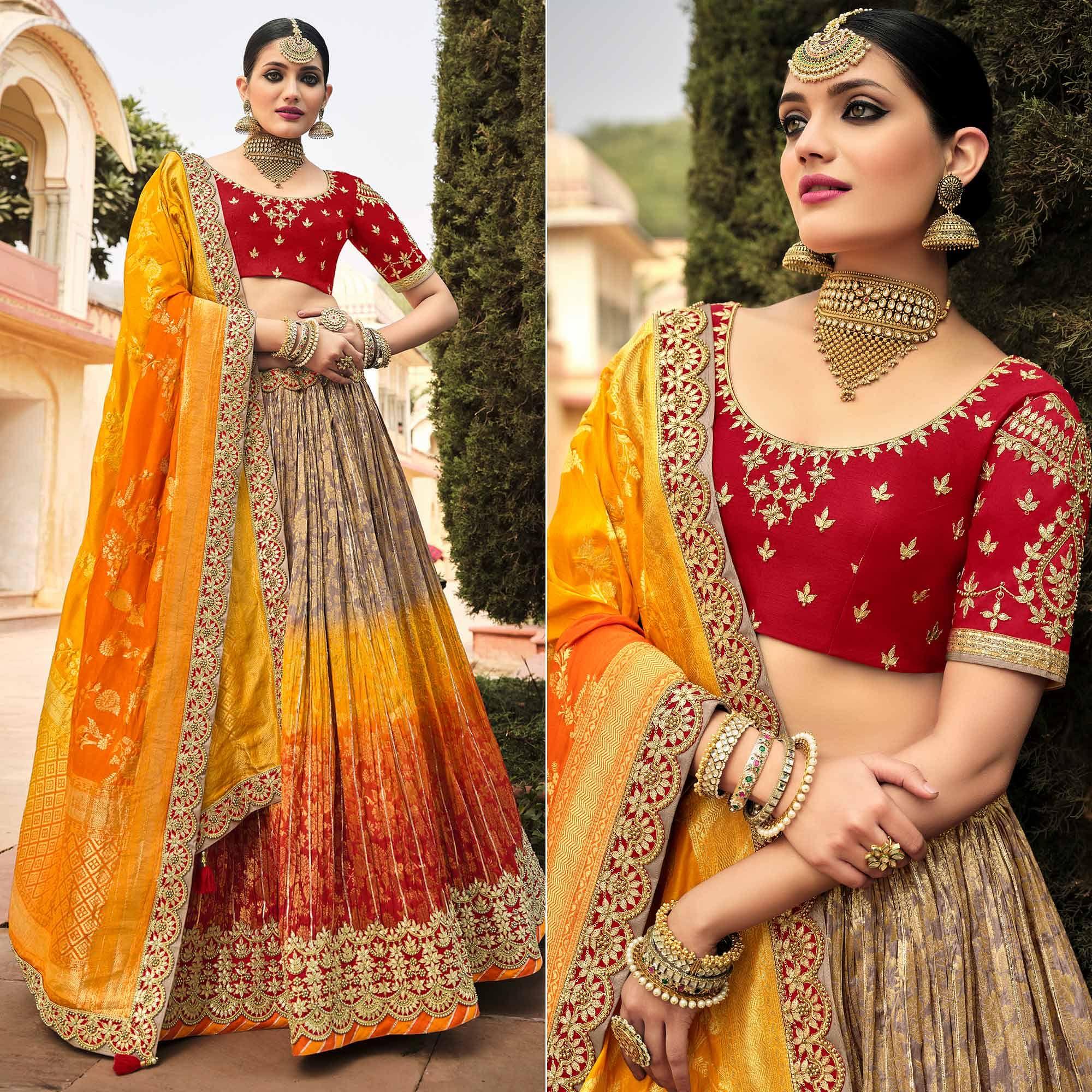 Multicolor Wedding Wear Woven-Embellished Banarasi Silk Lehenga Choli - Peachmode